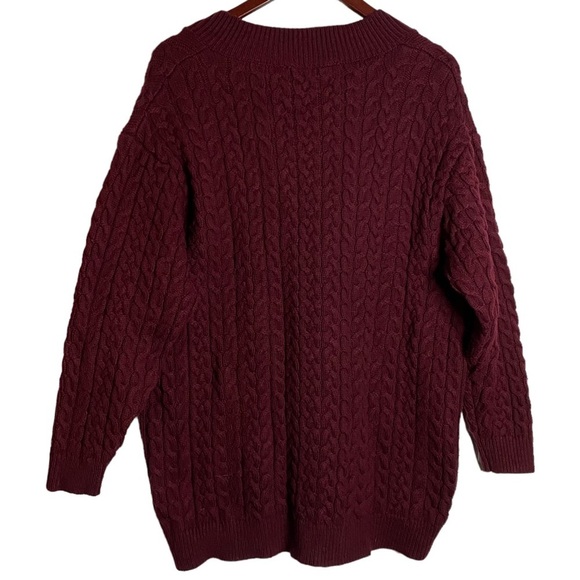 Zara Burgundy Oversized Chunky Cable Knit Sweater V Neck Small - Picture 2 of 14